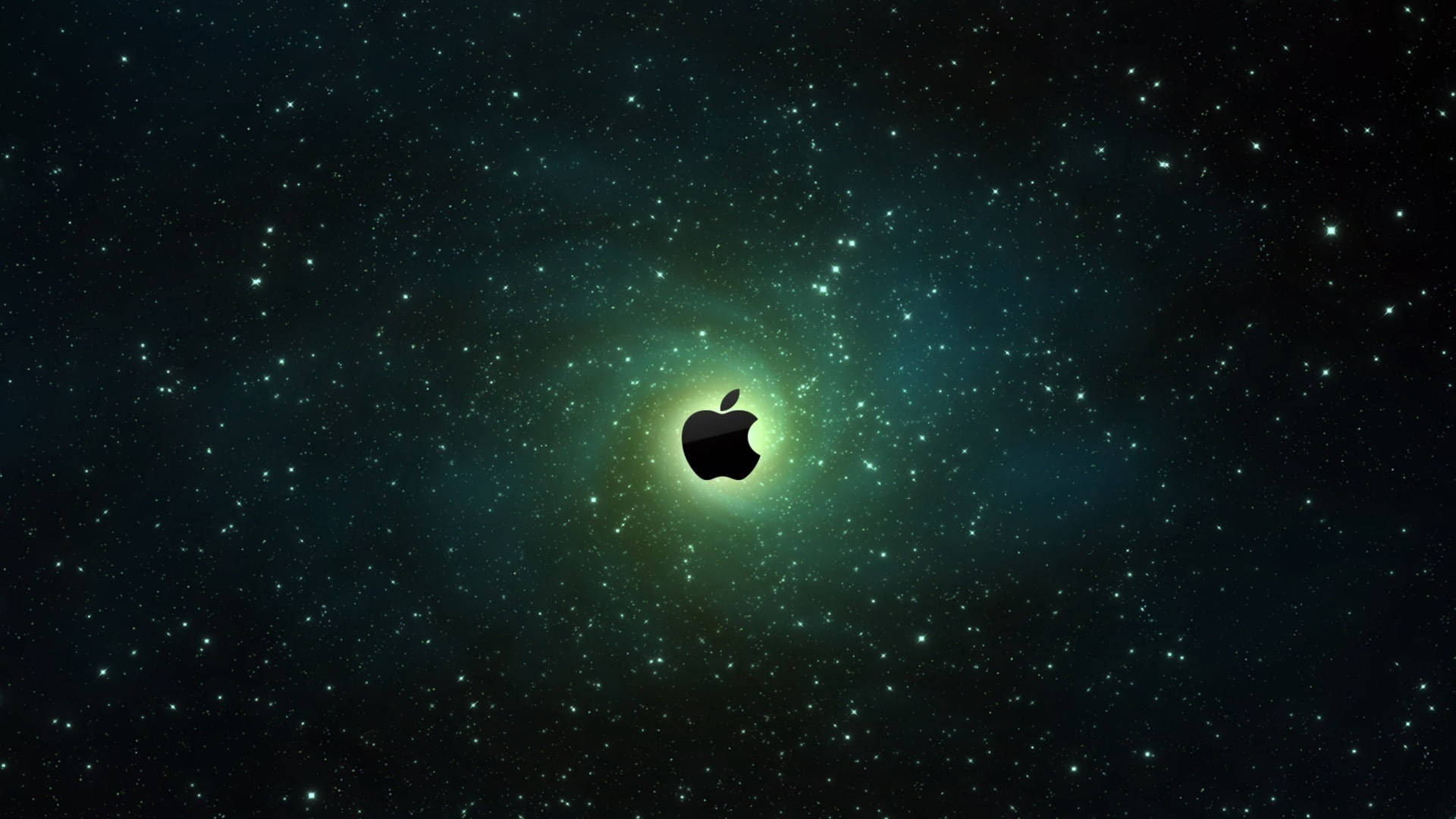 Apple標誌在繁星點點的藍綠色太空場景中發光。