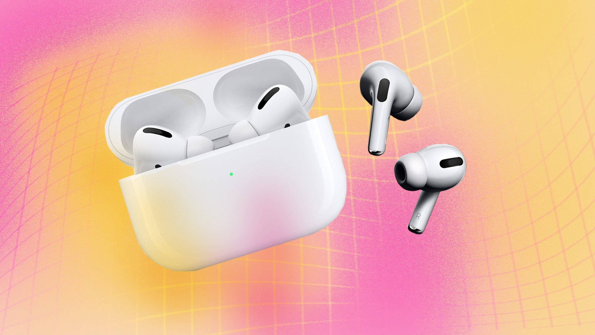 Apple AirPods 熱帶風 壁紙 — 白色無線耳塞漂浮在打開的充電盒旁邊，背景是充滿活力的粉紅色和黃色漸變網格。