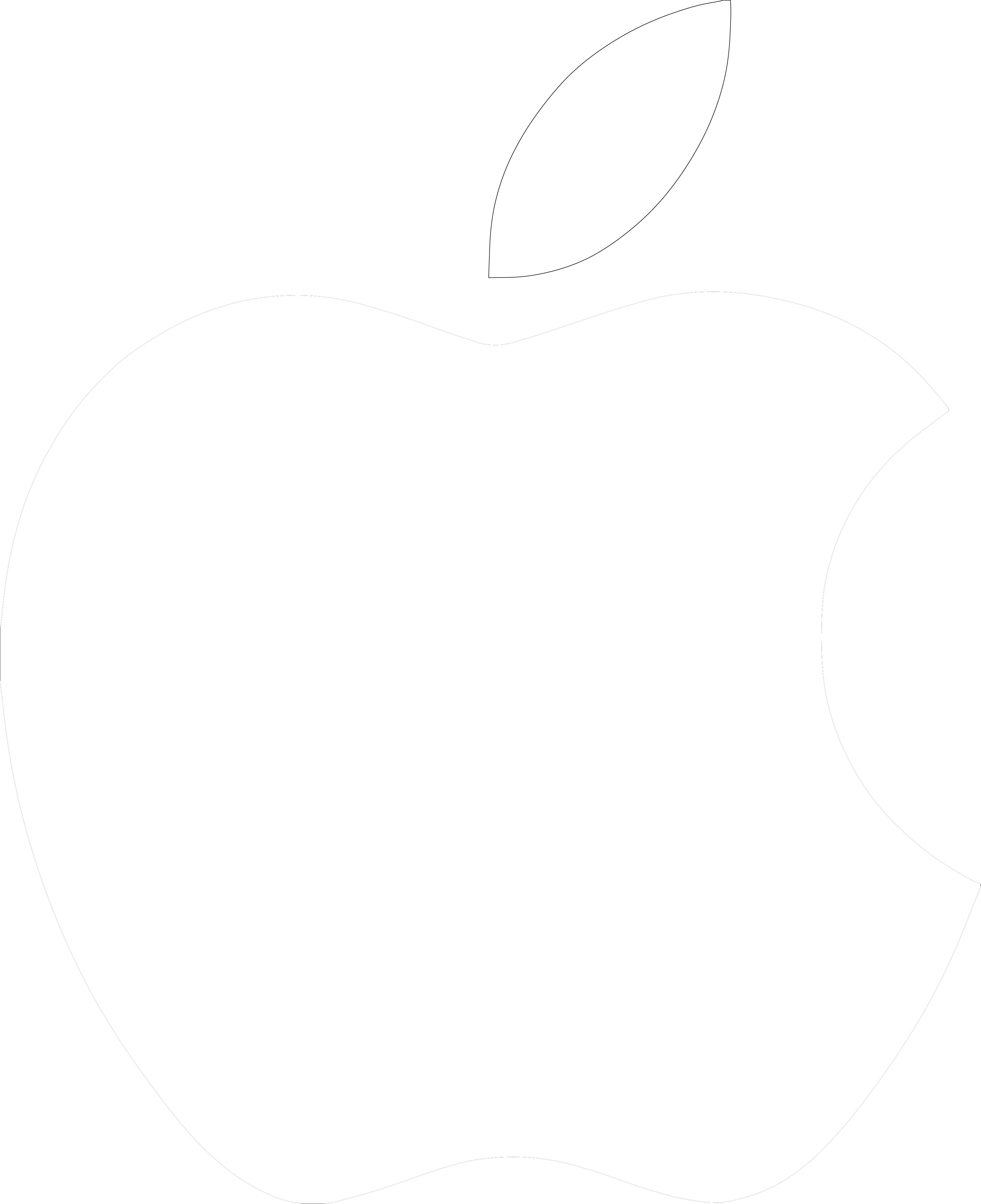 Apple 標誌剪影 壁紙 — 簡約風格的蘋果輪廓，帶有葉子和咬痕，背景為純白色。
