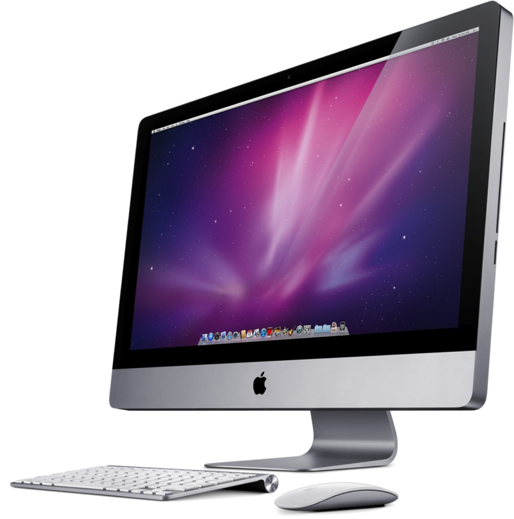 Apple iMac設定畫面 壁紙 — 一部時尚的銀色 Apple iMac，屏幕上顯示充滿活力的紫色和粉紅色宇宙風格牆紙，並配有相配的鍵盤和滑鼠。