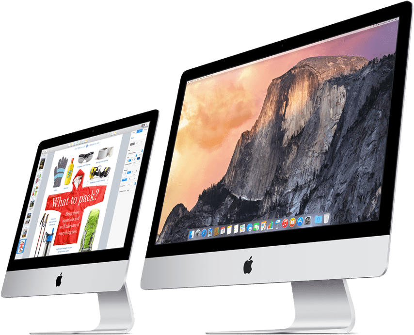 Apple iMac 並排展示 壁紙 — 兩部時尚的 iMac 在黑色背景上顯示山脈壁紙和旅行打包指南。