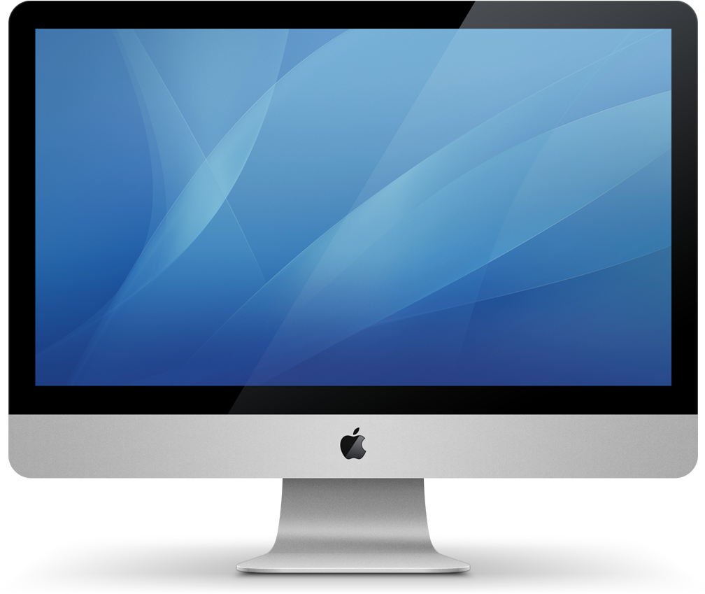 Apple iMac 配藍色背景 壁紙 — 時尚銀色 Apple iMac，配以藍色抽象牆紙，顯示流動的光線圖案。