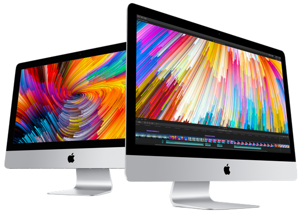 Apple iMac 雙螢幕設定 壁紙 — 兩部時尚的銀色 iMac 在黑色背景上展示充滿活力的抽象壁紙。
