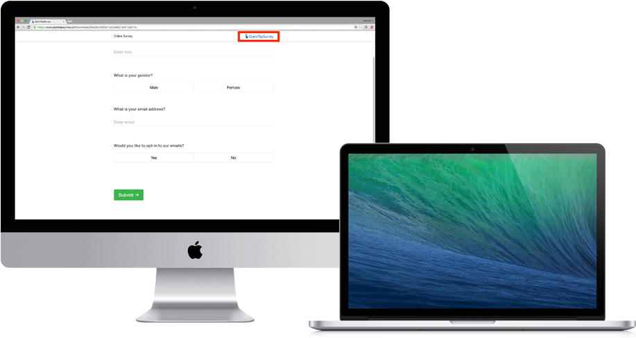 Apple iMac與MacBook展示圖形 壁紙 — 兩部 Apple 電腦在黑色背景上顯示約會調查表格和充滿活力的綠藍色波浪桌布。