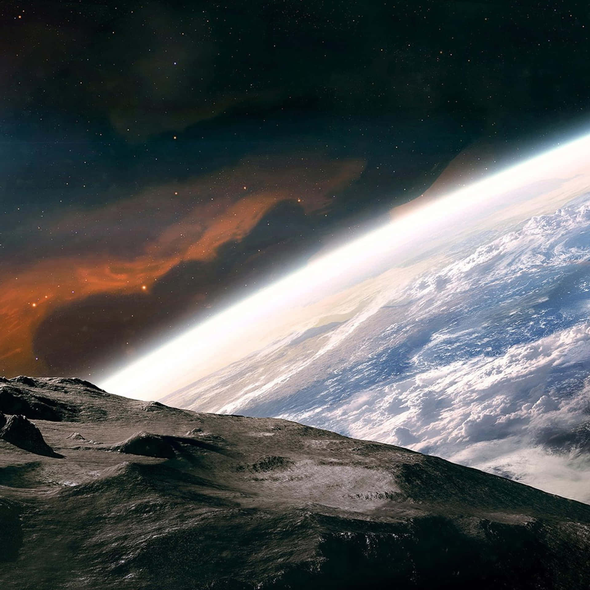 月球景觀望向地球的地平線，天空中有色彩繽紛的星雲。