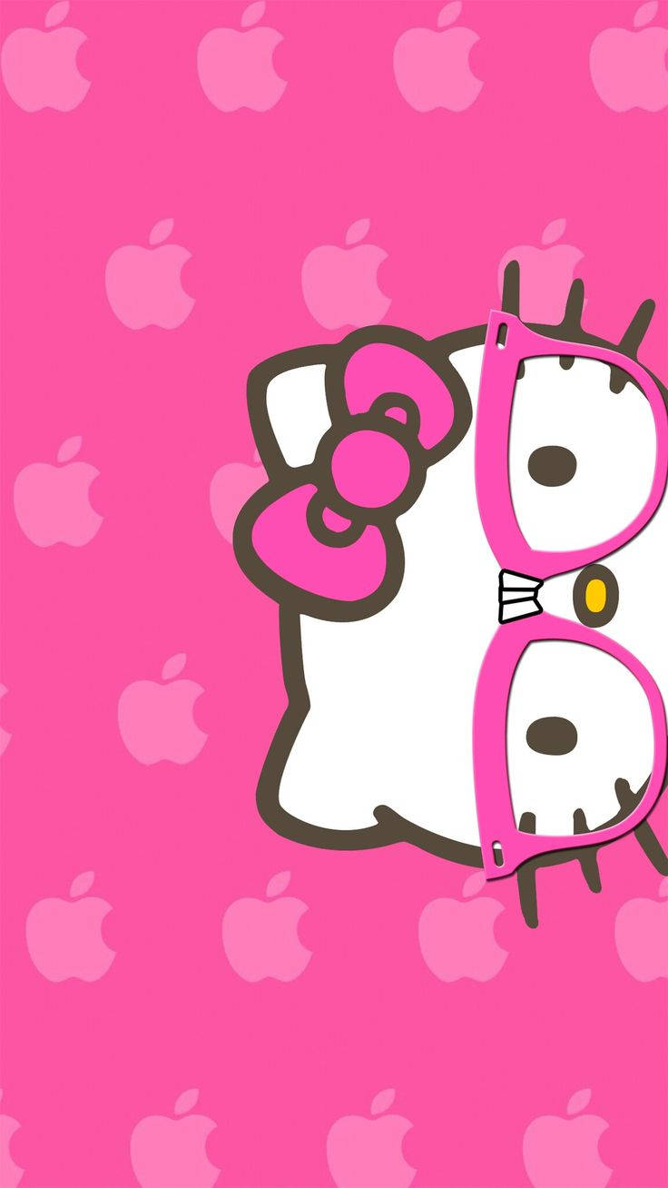 Hello Kitty 戴眼鏡，背景為粉色並佈滿 Apple 標誌的壁紙。