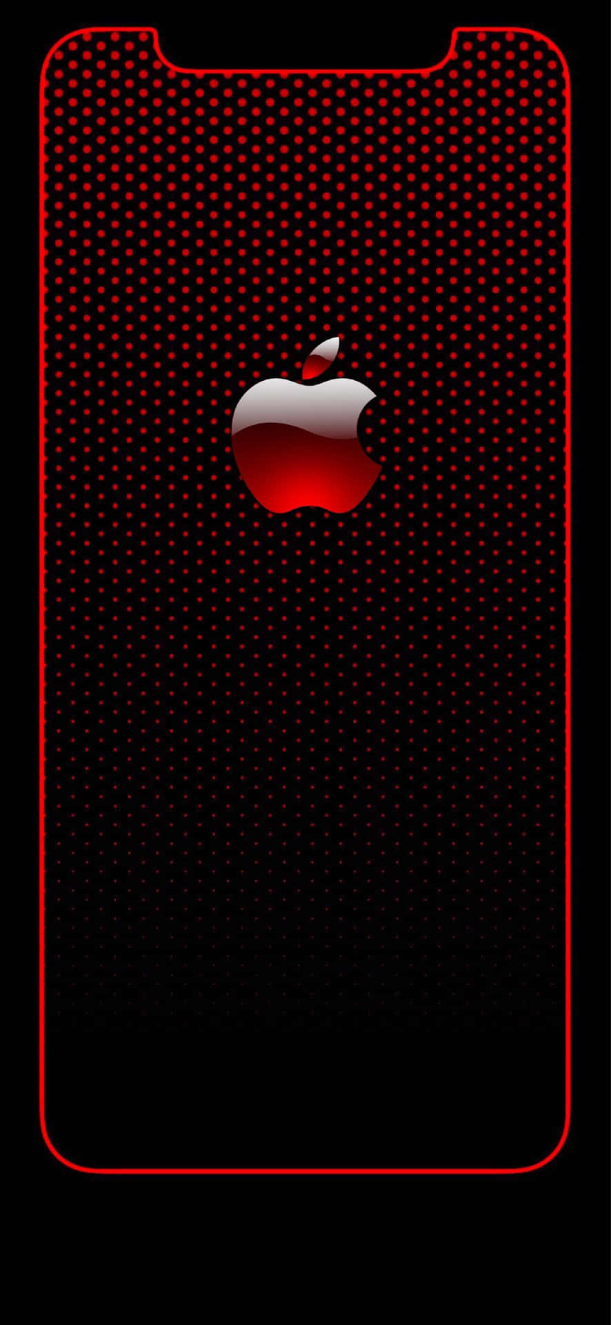 iPhone屏幕，紅色Apple標誌在穿孔黑色背景上