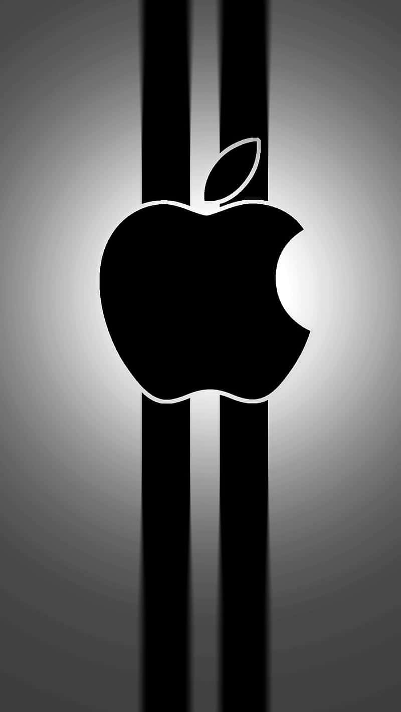 黑色Apple標誌，帶有咬痕和葉子，位於灰色漸變背景上的垂直條紋之間。