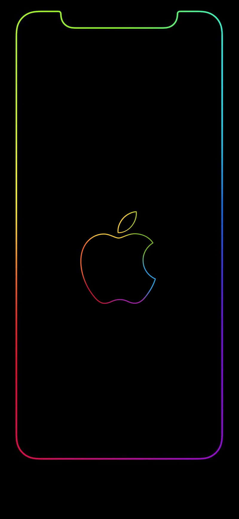 黑色背景上帶有彩虹霓虹邊框和發光Apple標誌的iPhone
