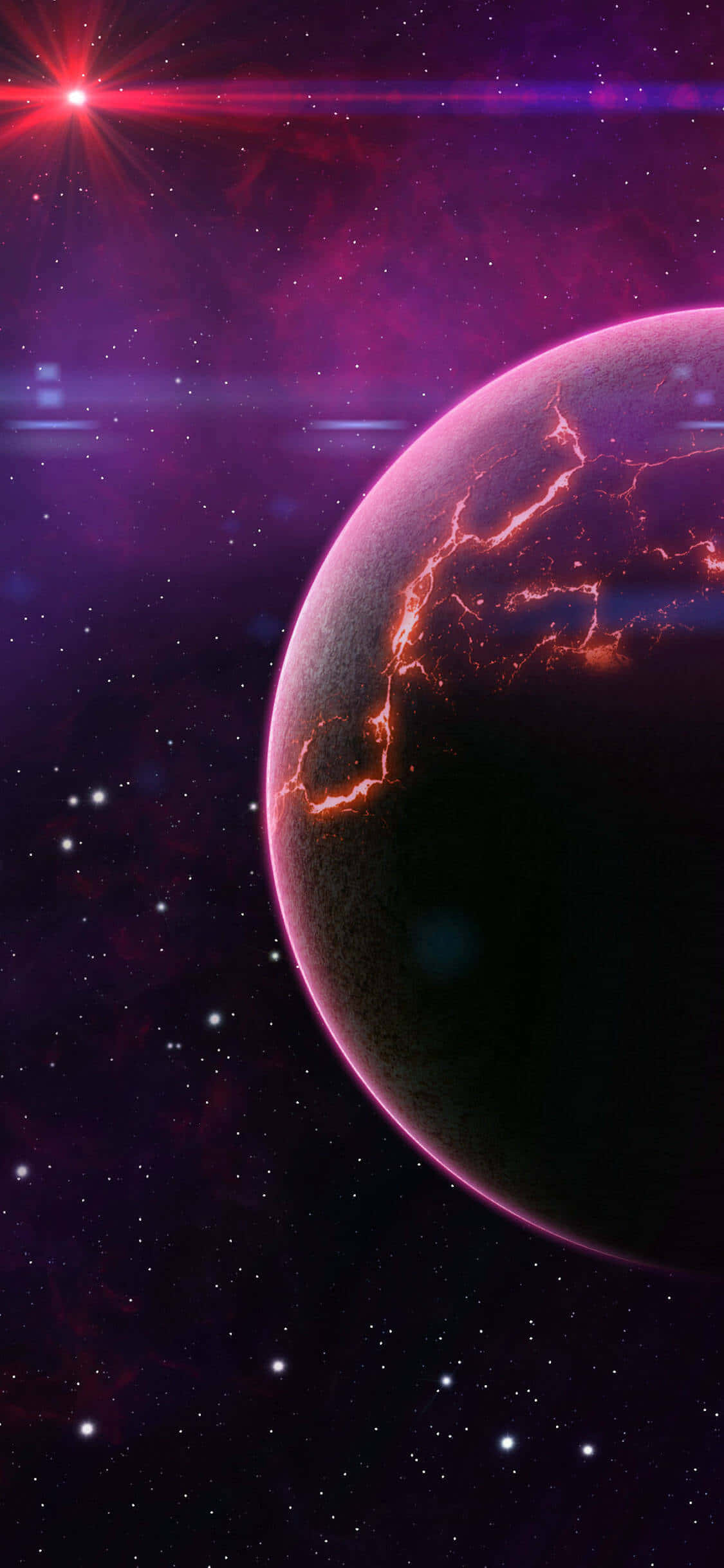 Apple iPhone XS Max粉紅星球 壁紙 — 一顆發光的紫色行星，帶有熾熱的閃電裂縫，環繞著一顆光芒四射的紅色恆星，在繁星點點的宇宙中。