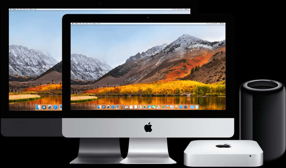 Apple 桌面電腦與 Mac Pro 壁紙 — 兩部Apple iMac和一部Mac mini展示了一幅充滿活力的秋季山脈壁紙，白雪覆蓋的山峰和金色的樹葉倒映在平靜的水面上。