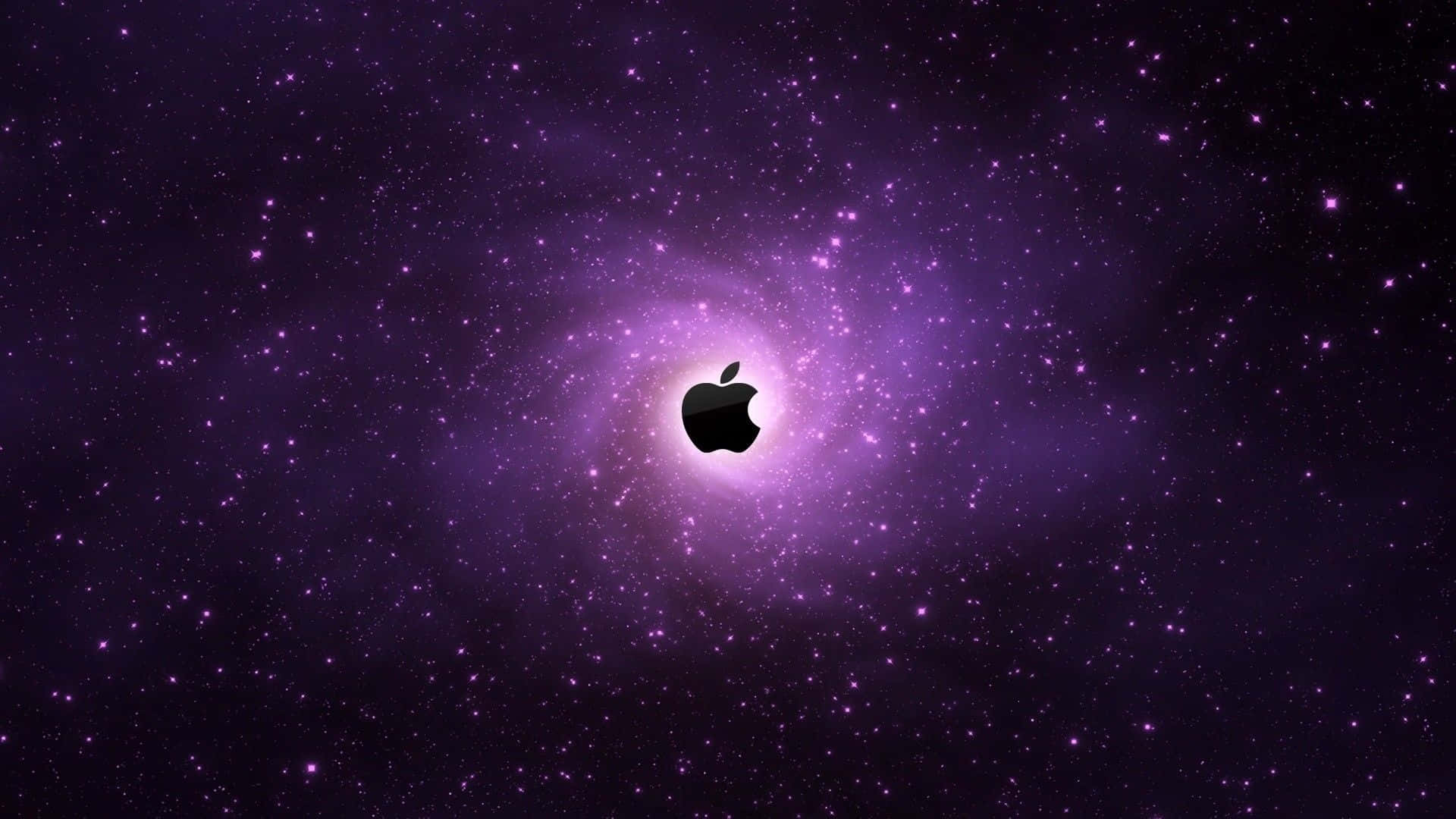 黑色Apple標誌在紫色星雲中發光。