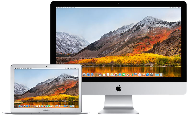Apple MacBook Air 與 iMac 設定 壁紙 — 兩部 Apple 電腦顯示一幅充滿活力的秋季山脈壁紙，有雪覆蓋的山峰和金色樹葉倒映在平靜的水面上。