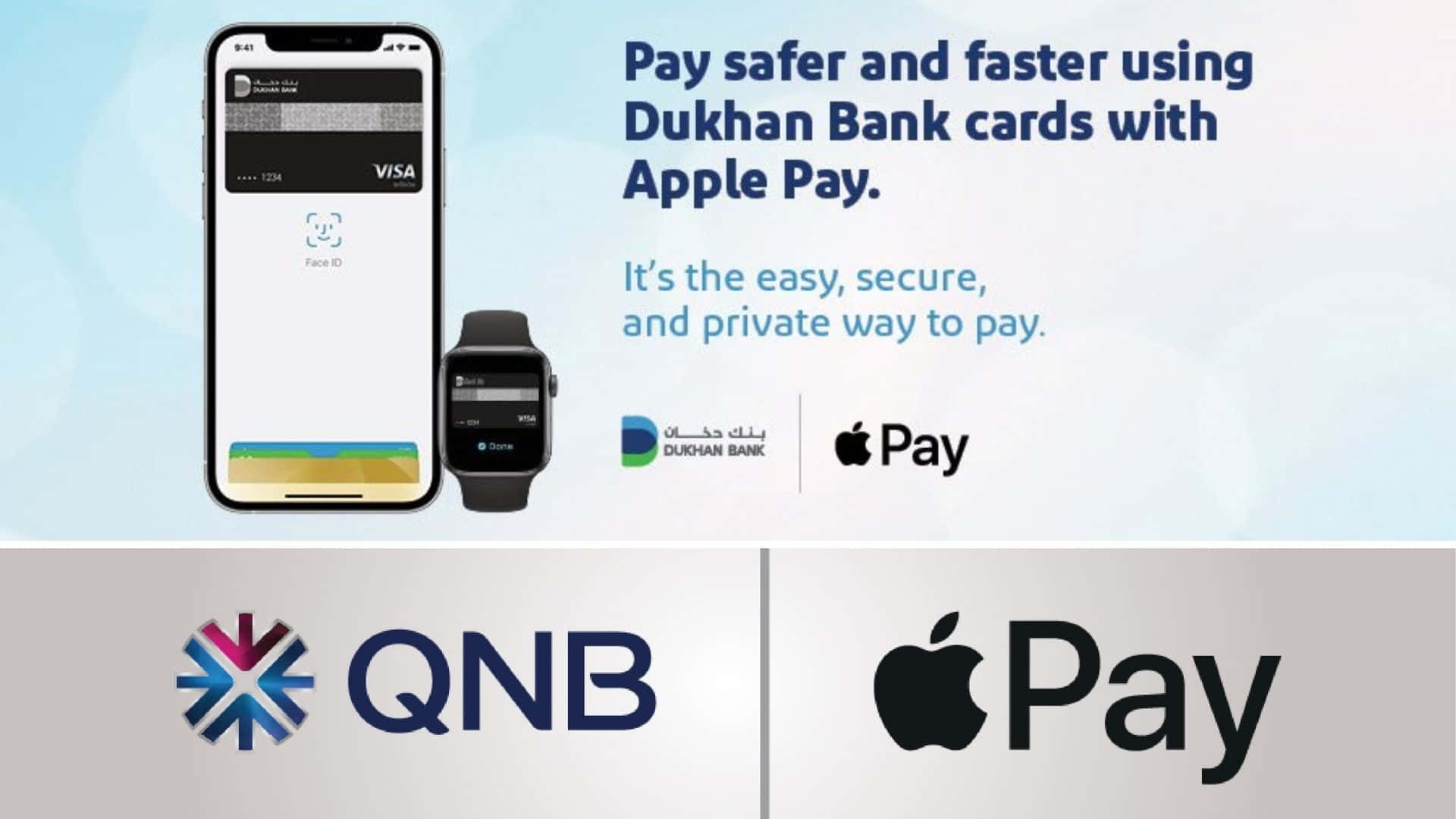 Apple Pay和Dukhan Bank標誌推廣使用iPhone和Apple Watch進行安全的非接觸式付款。
