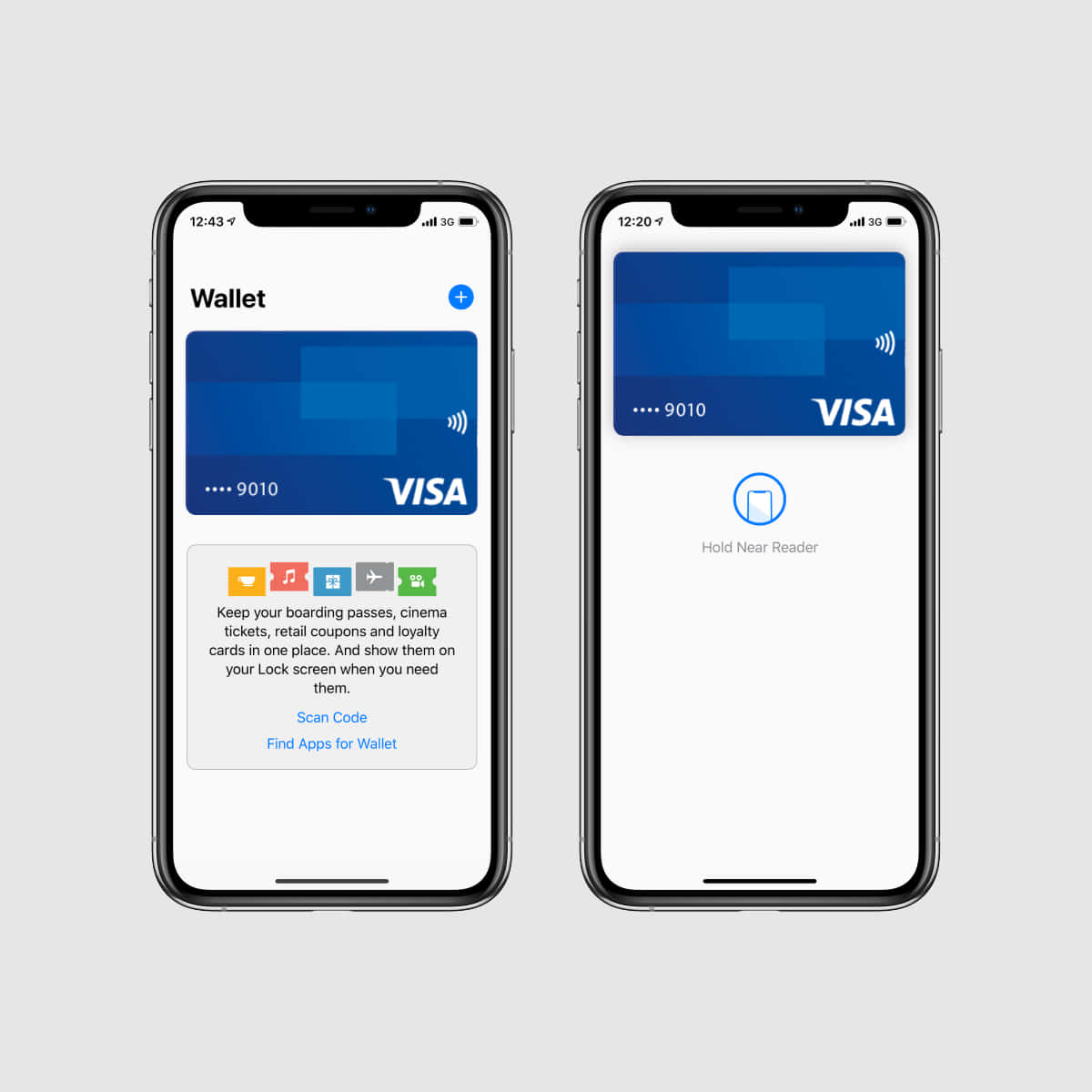 Apple Pay — 簡單安全的付款方式 壁紙 — 兩部 iPhone 顯示 Apple Wallet 應用程式，其中一部顯示 Visa 卡詳細資料，另一部提示將裝置靠近讀卡器。