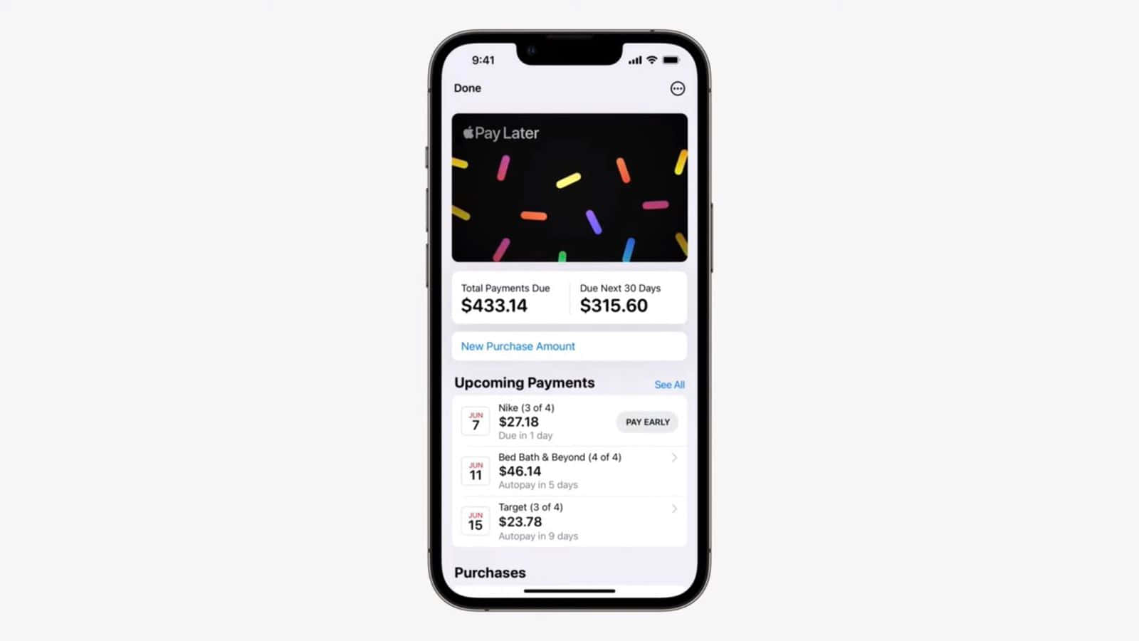 iPhone 顯示 Apple Pay Later，附有付款時間表和色彩繽紛的紙屑背景。