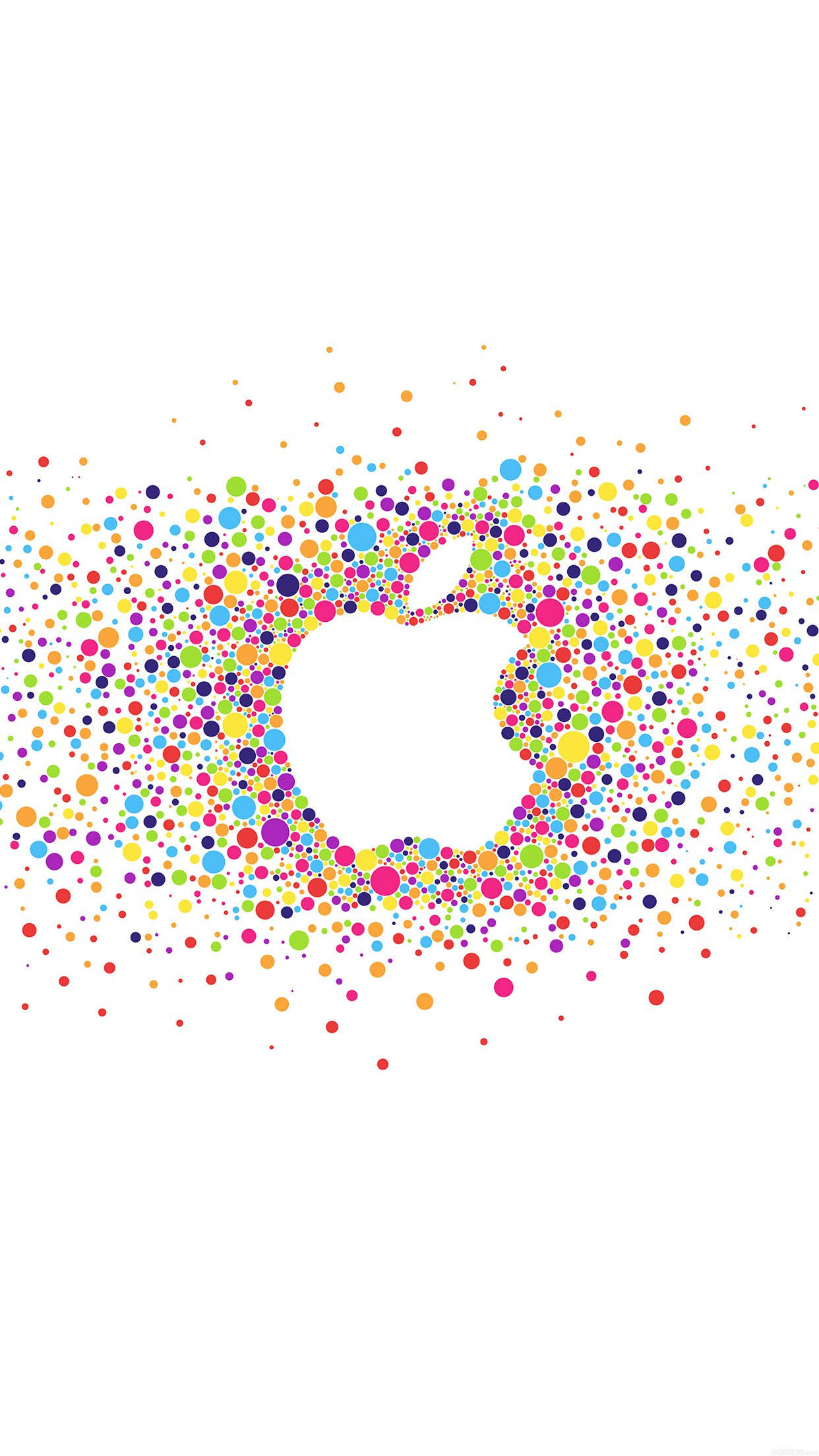 白色Apple標誌手機壁紙 壁紙 — 一個充滿活力的Apple標誌，由色彩繽紛的點狀爆發形成，背景為純白色。
