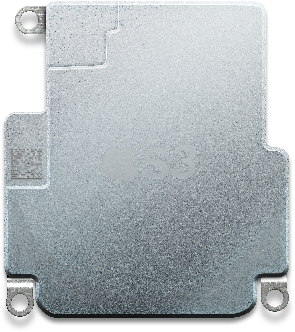 Apple S3 芯片頂視圖 壁紙 — 黑色背景上帶有浮雕標誌和QR碼的銀色Apple A13 Bionic芯片特寫。