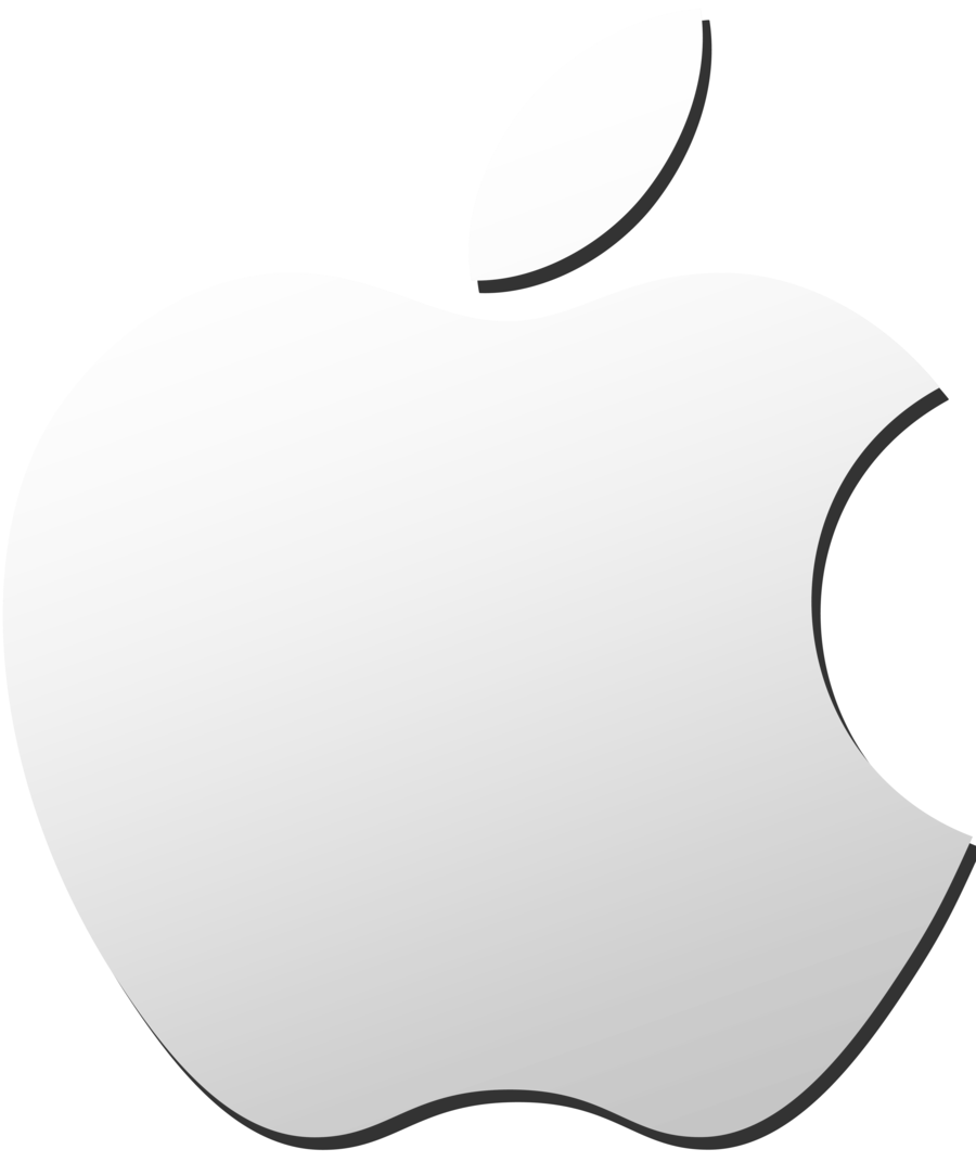 銀色漸層 Apple 標誌 壁紙 — 黑色背景上帶有咬痕和葉子的極簡白色Apple標誌。