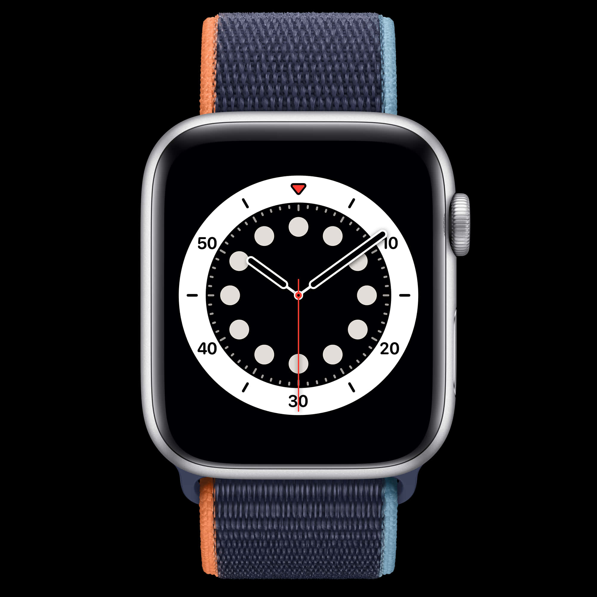Apple Watch：腕上突破性科技 壁紙 — 一款時尚的智能手錶，配有海軍藍和橙色編織錶帶，在黑色背景上顯示極簡的模擬錶面。