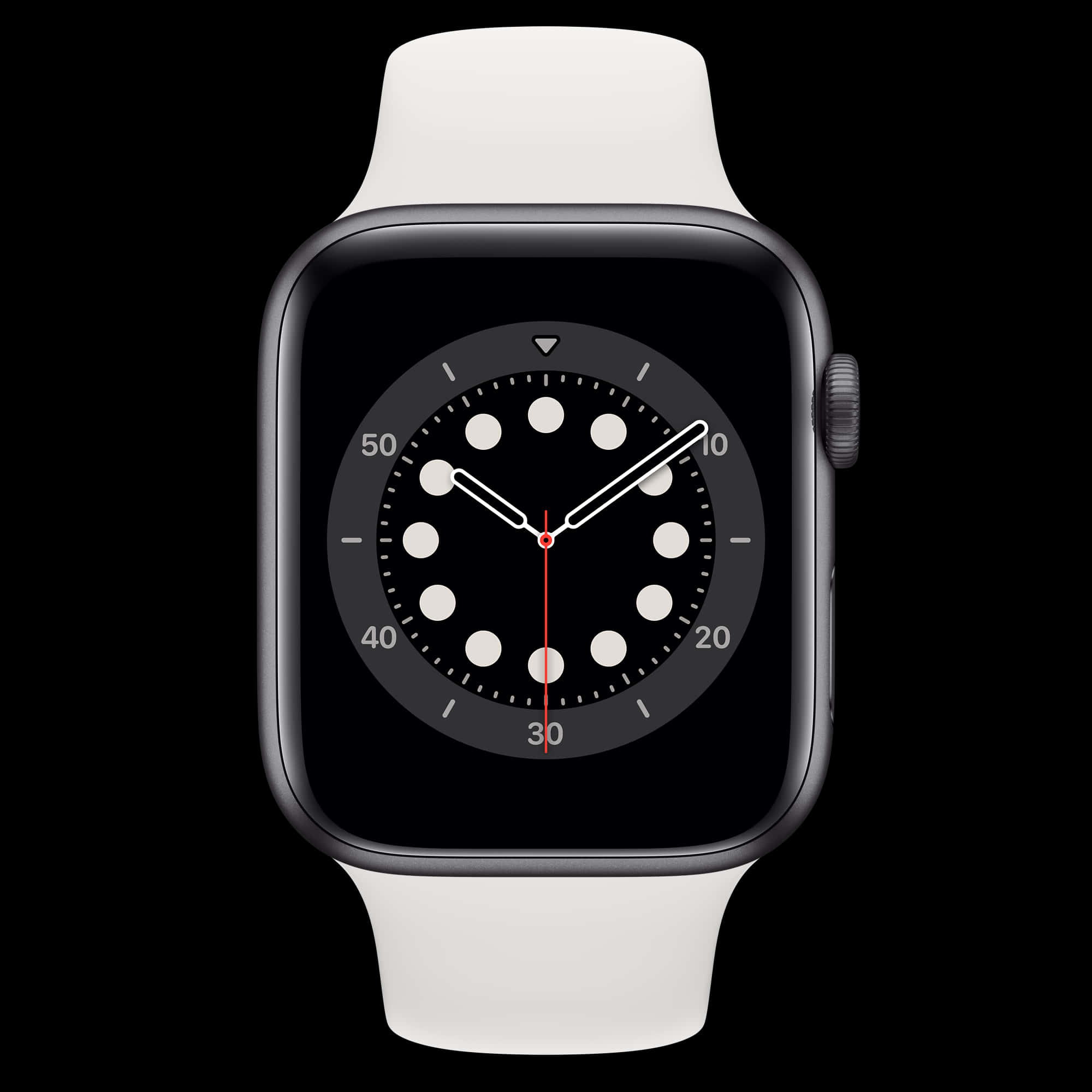 介紹最新 Apple Watch 系列 壁紙 — 一隻時尚的銀色Apple Watch配白色錶帶，在純黑背景上顯示極簡的模擬錶面。