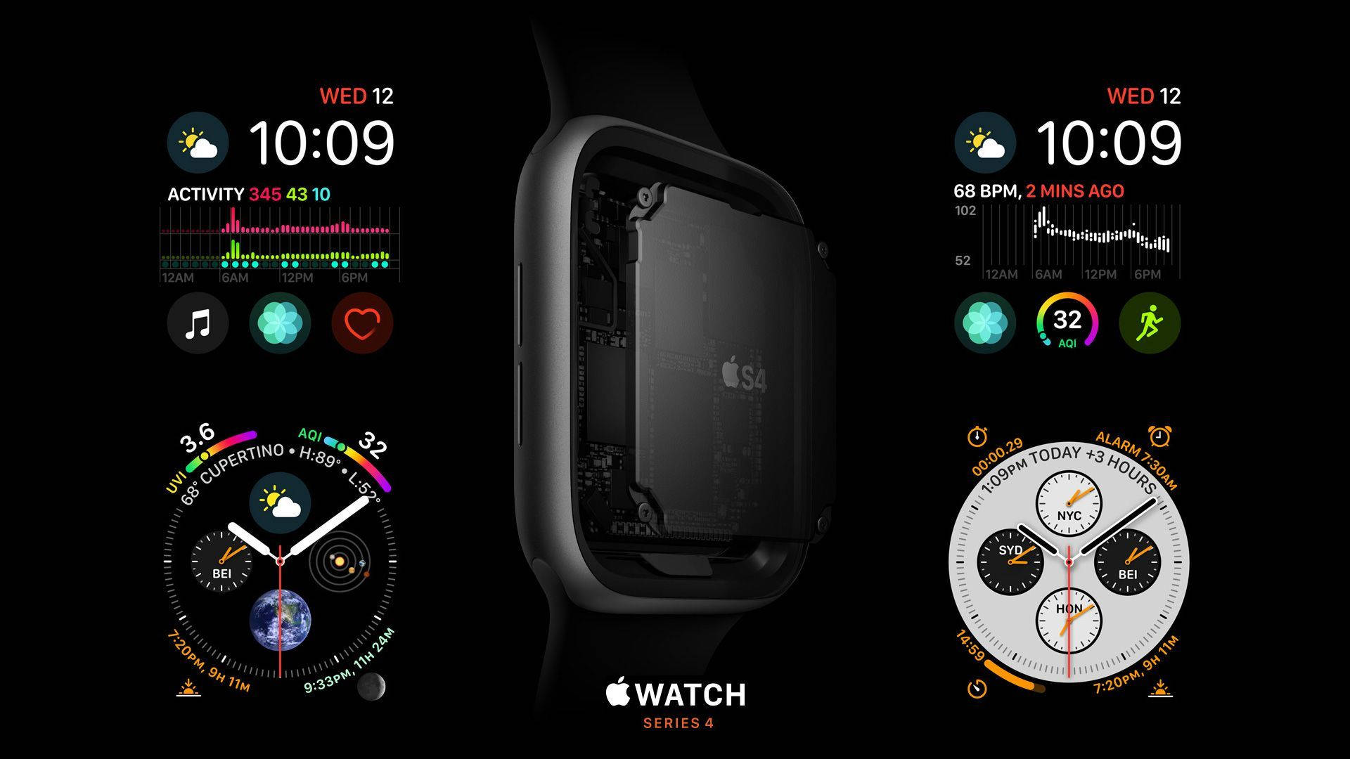 Apple Watch Series Four 規格介紹 壁紙 — Apple Watch Series 4 在黑色背景上顯示多個錶面介面。