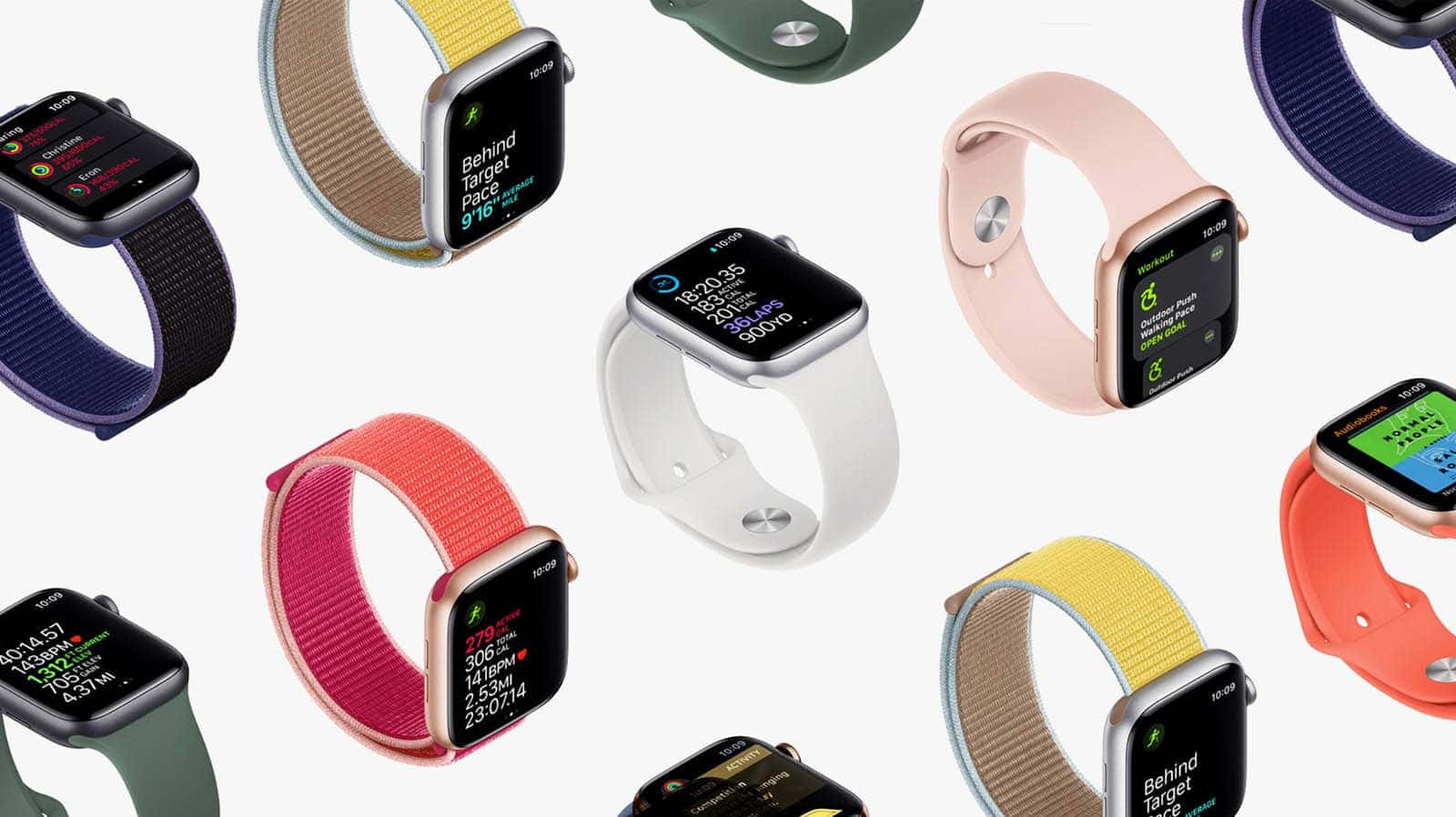 多款Apple Watch配以不同顏色的錶帶，以漂浮方式展示。
