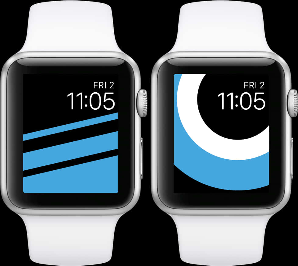 兩隻Apple Watch顯示帶有藍色和黑色設計的數位錶面。