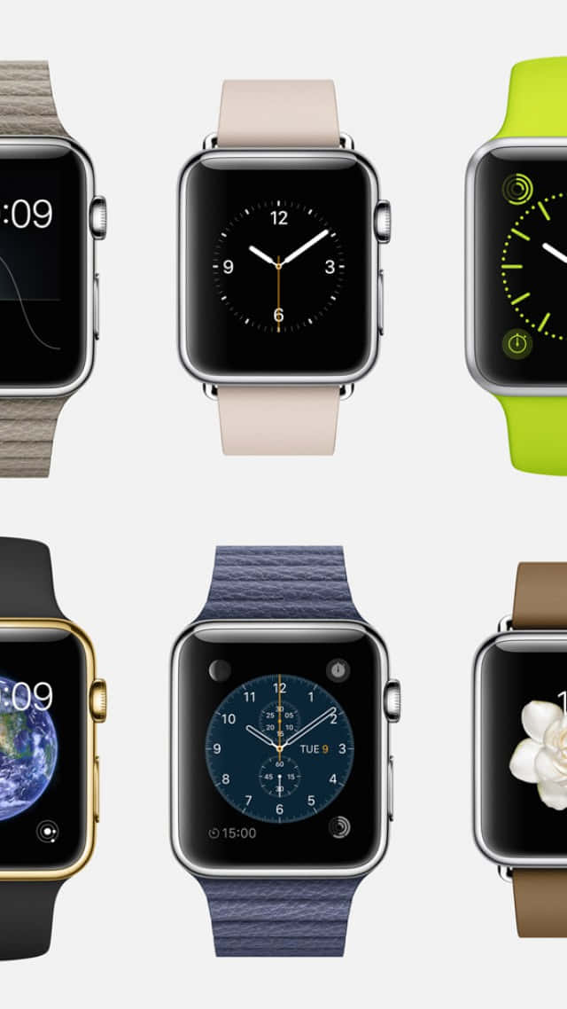 六款 Apple Watch 配以不同錶帶及錶面，在白色背景上展示。