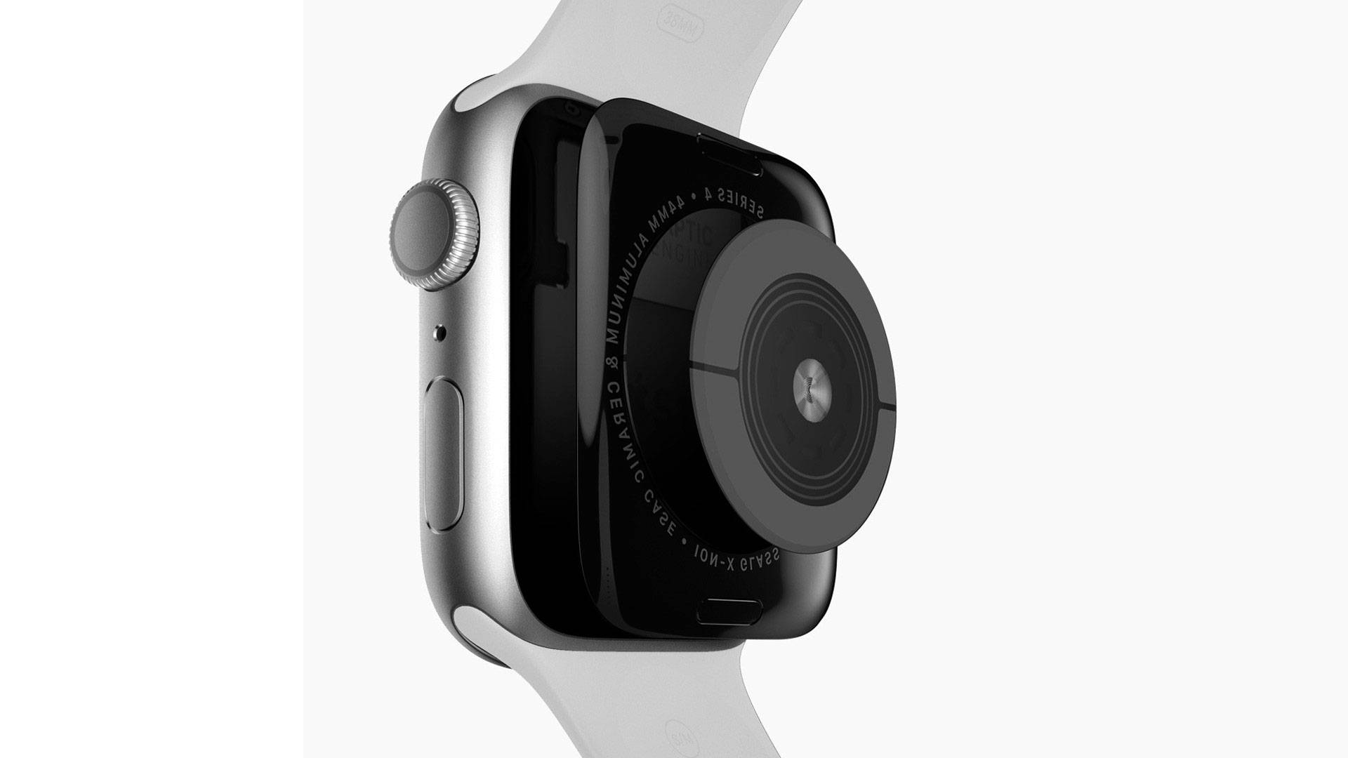 Apple Watch 拆解部件 壁紙 — 一款時尚的銀色Apple Watch Series 4配白色錶帶，以側面輪廓展示在潔白背景上。
