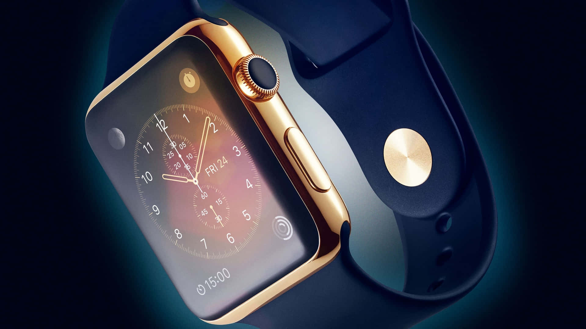 金色Apple Watch配深藍色錶帶，顯示模擬時鐘面。