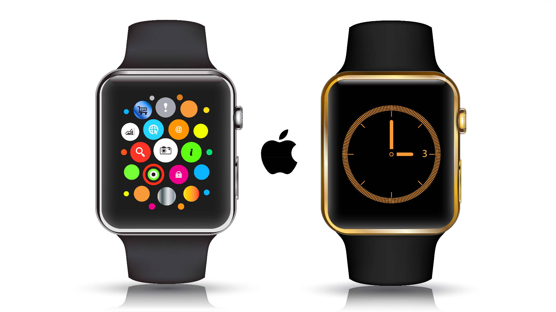Apple Watch 空間灰與金色 壁紙 — 兩隻Apple Watch並排放置，一隻顯示色彩繽紛的應用程式圖示，另一隻顯示簡約的模擬時鐘錶面。