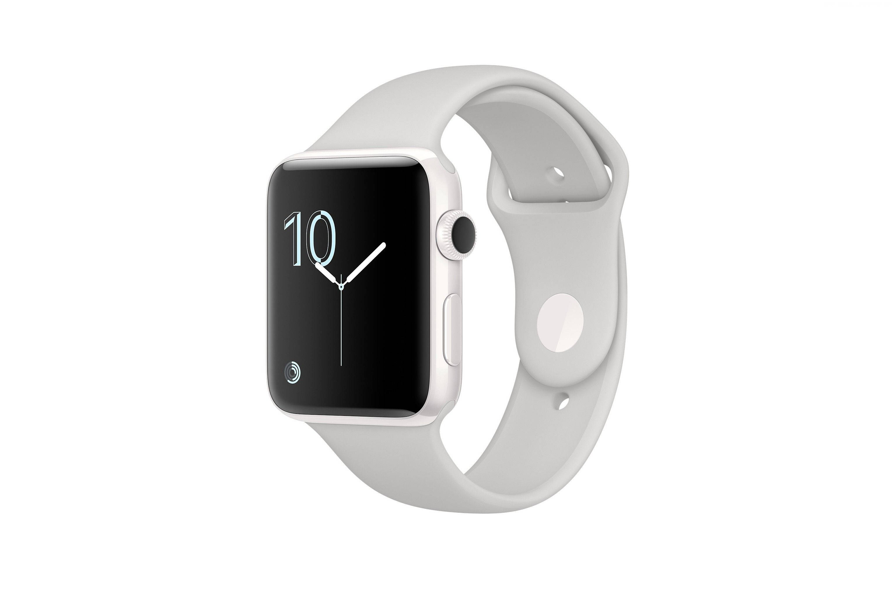 Apple Watch 簡約白色錶圈 壁紙 — 時尚的銀色Apple Watch搭配淺灰色運動錶帶，在純白背景上顯示簡約的模擬時鐘面。