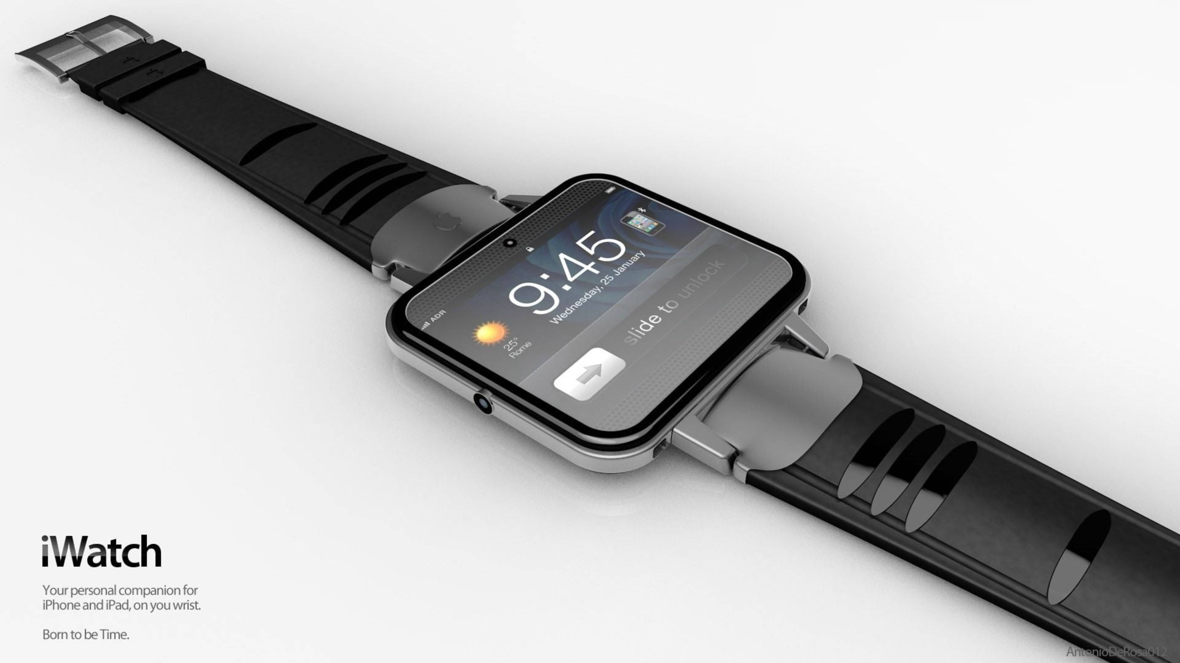 Apple Watch 細邊框款 壁紙 — 一款時尚的黑色智能手錶，帶有銀色點綴，在簡約的白色背景上顯示 9:45。