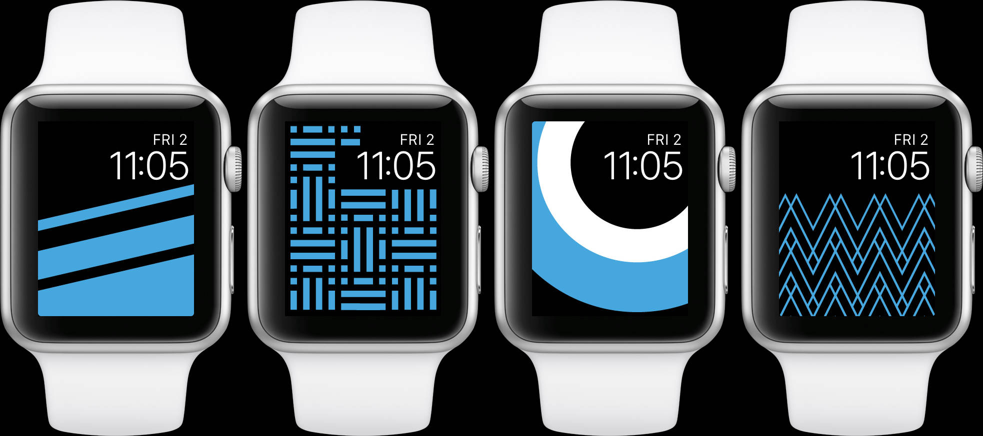 Apple Watch 藍色主題介面 壁紙 — 四隻Apple Watch在黑色背景上顯示不同的藍色幾何錶盤。