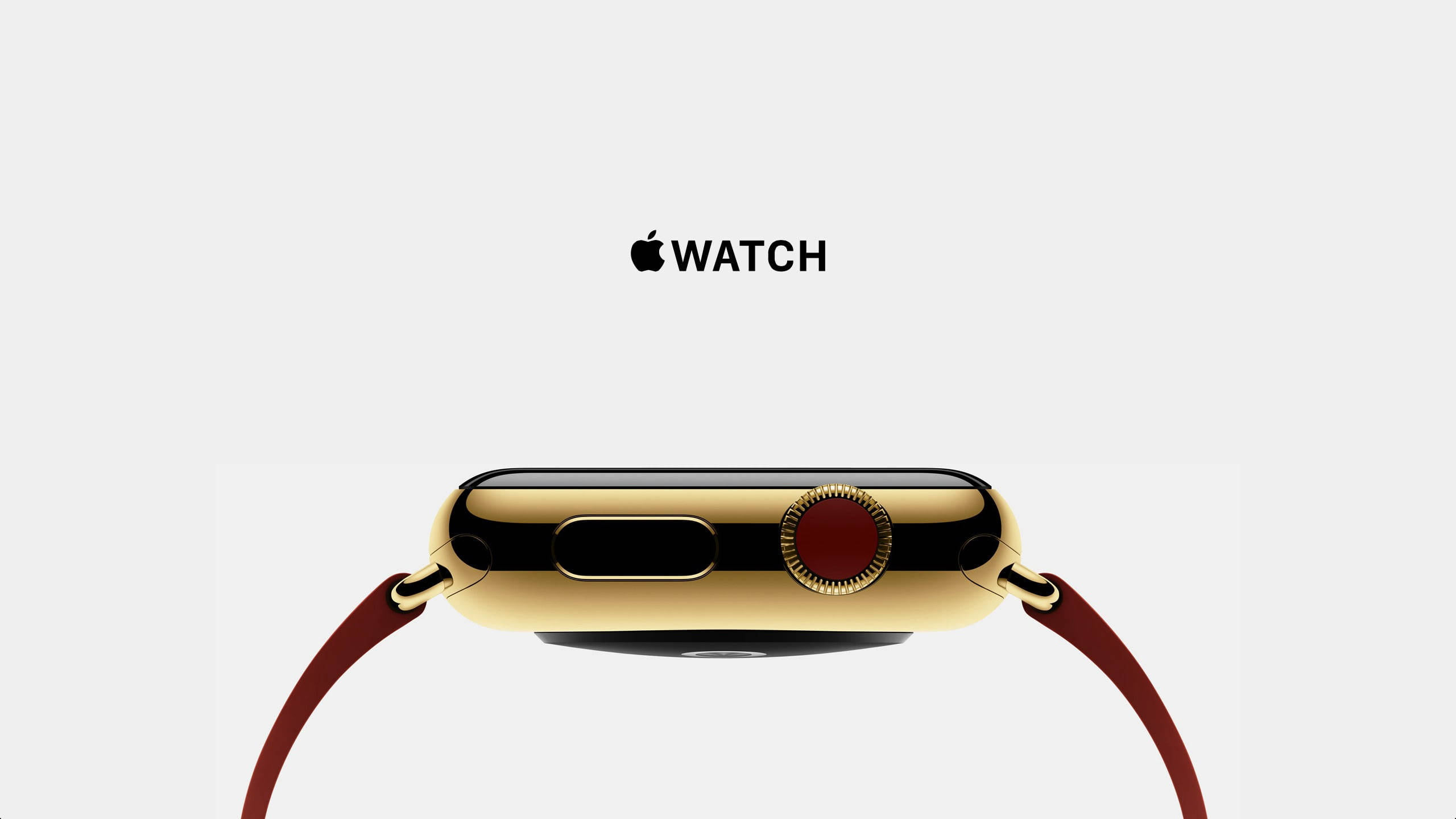 Apple Watch 金色錶圈紅色錶冠 壁紙 — 金色Apple Watch配紅色皮革錶帶，從背面展示在純白色背景上。