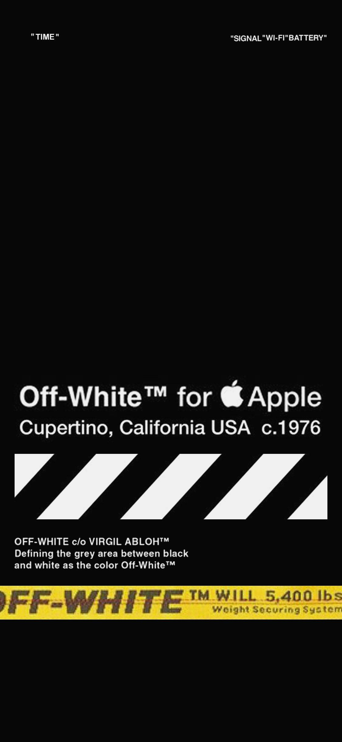 Apple 與 Off White 標誌 壁紙 — 一個極簡黑色桌布，帶有白色斜紋和黃色文字，參考了庫比蒂諾Apple的Off-White。