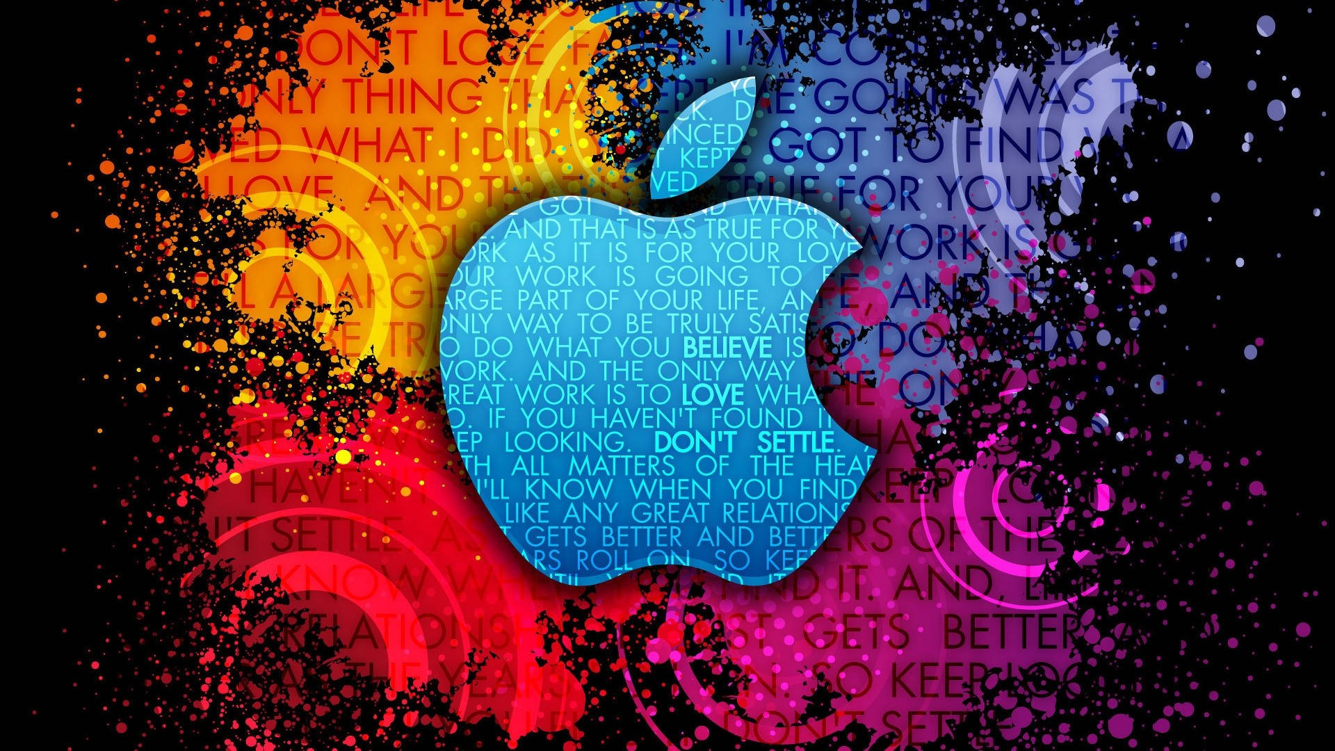 充滿活力的Apple標誌，帶有勵志文字和色彩繽紛的潑濺，黑色背景。