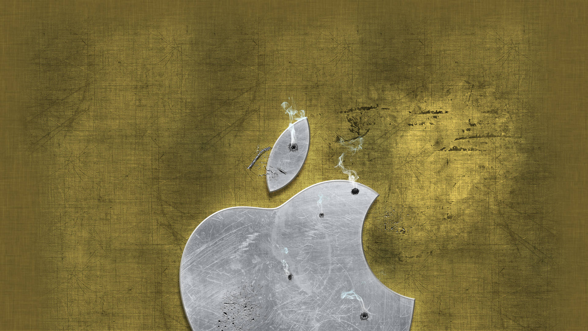 一個金屬Apple標誌，在金色紋理表面上，咬痕處升起煙霧。
