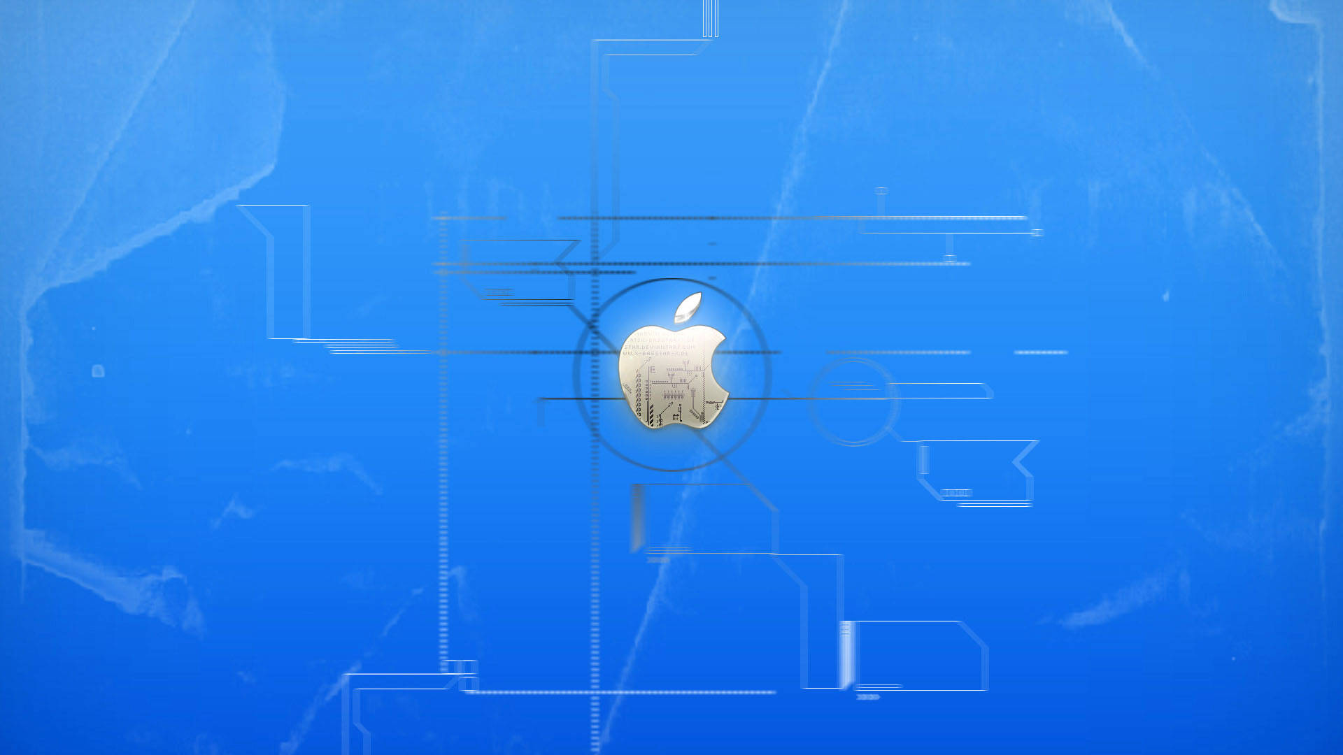 藍色數碼背景上的Apple標誌，帶有電路線條和刮痕