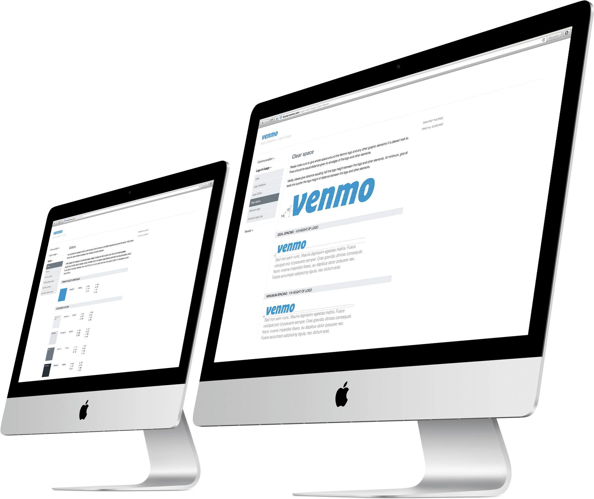 Apple裝置顯示Venmo網站 壁紙 — 兩部時尚的銀色 iMac 在純黑背景上展示 Venmo 的簡潔介面。
