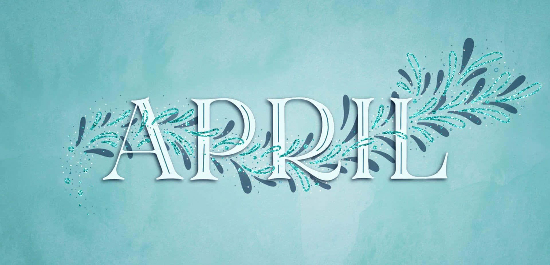  壁紙 — 「April」一詞以白色優雅地呈現，配上青綠色的葉狀裝飾，背景是柔和的青綠色水彩。