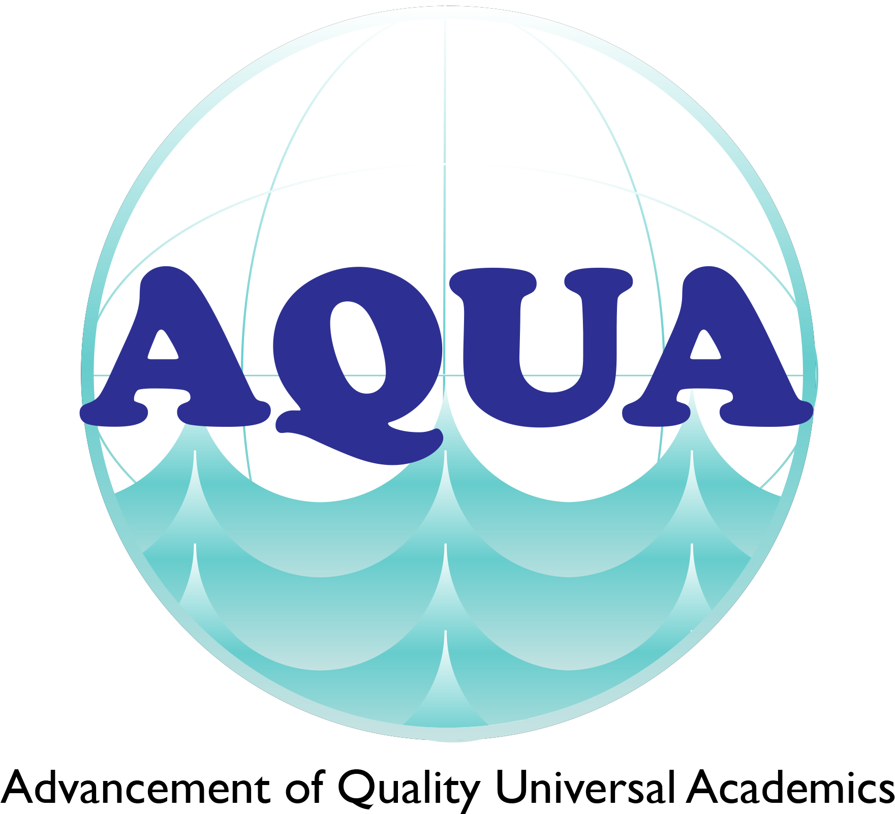 AQUA 質量通用學術進步標誌 壁紙 — 一個圓形標誌，在白色地球狀背景上，帶有風格化水波紋設計，上面有粗體藍色字母AQUA。