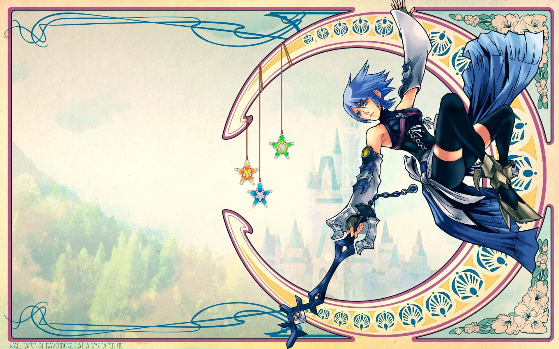 Aqua from Kingdom Hearts 壁紙 — 一位藍髮動漫戰士以動態姿勢揮舞著鑰刃，背景是遠處的城堡和森林。
