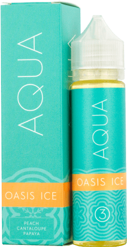 Aqua Oasis Ice 電子煙液 壁紙 — Aqua 品牌電子煙油瓶和盒子，青綠色和橙色，帶有 'Oasis Ice' 口味文字。
