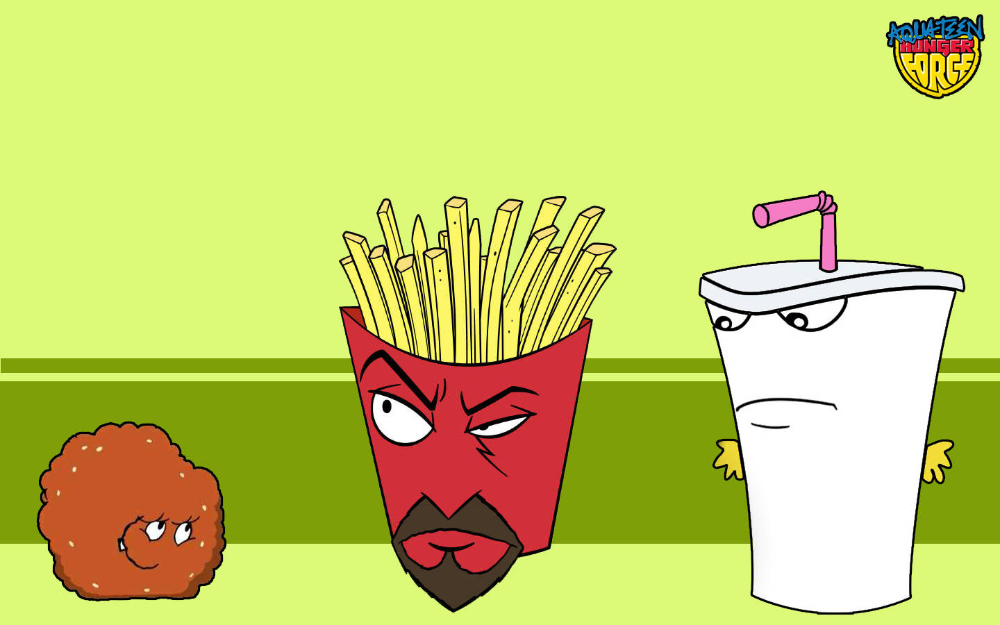 Aqua Teen Hunger Force 綠色背景 壁紙 — 三個卡通快餐物品帶有憤怒的表情，站在一個分割的綠色背景前。
