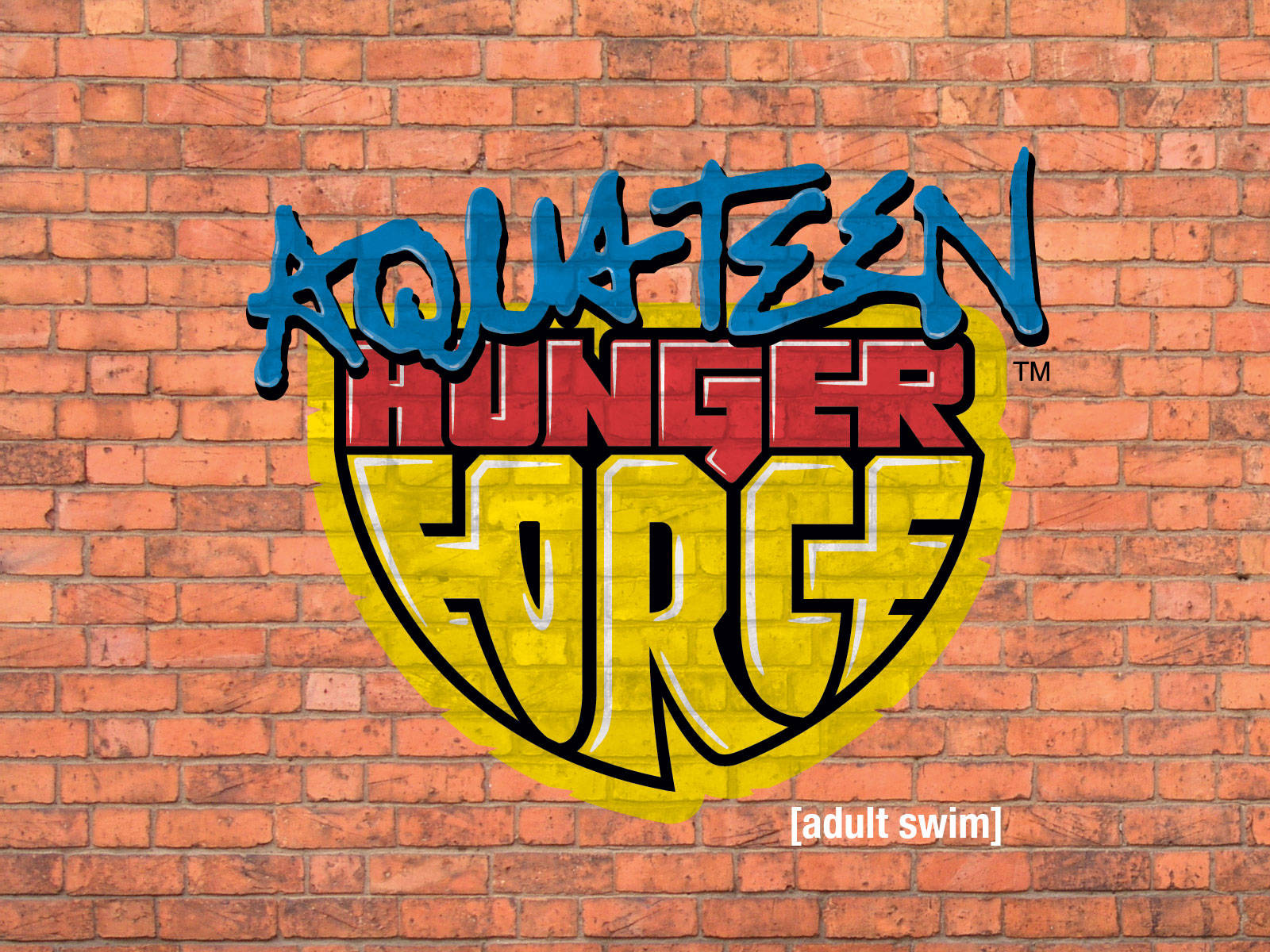 Aqua Teen Hunger Force 標誌 壁紙 — 充滿活力的塗鴉風格 Aqua Teen Hunger Force 標誌繪製在紋理紅磚牆上。