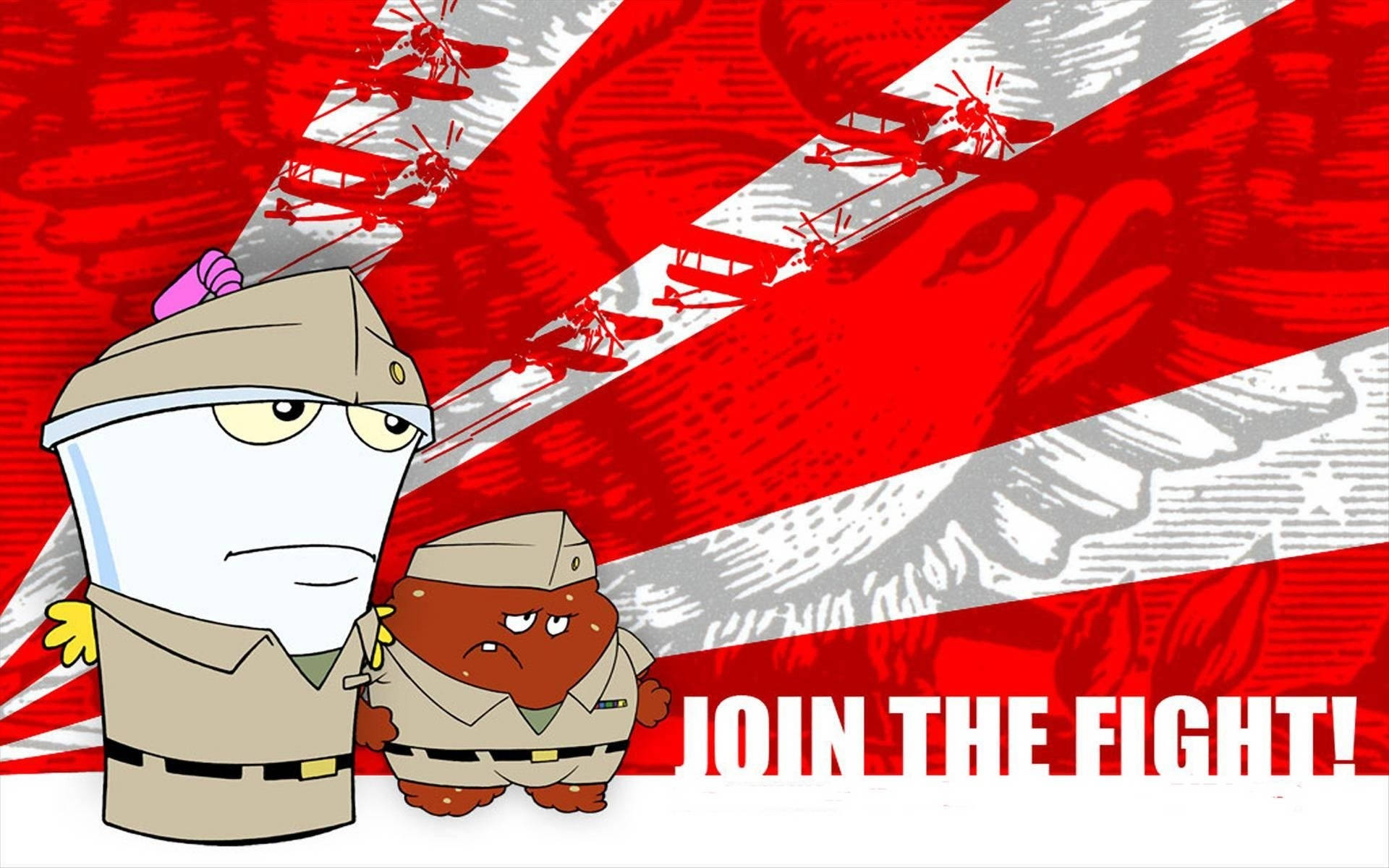 《Aqua Teen Hunger Force》紅白軍旗前的戰鬥 壁紙 — 兩個卡通士兵站在紅白條紋背景前，背景有戰鬥機和一隻巨鷹，敦促觀眾加入戰鬥。