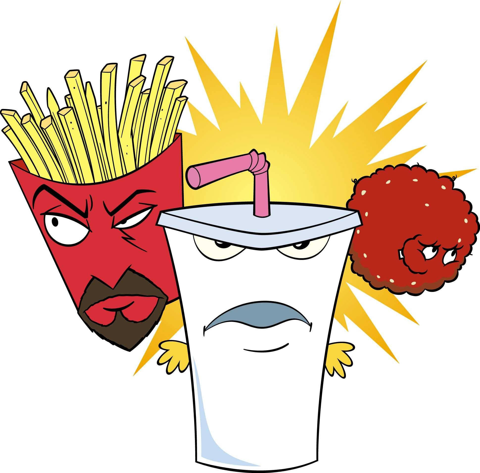 《Aqua Teen Hunger Force》強大三人組 壁紙 — 一個憤怒的薯條盒、一個脾氣暴躁的汽水杯和一個皺眉的車厘茄，全部瞪著眼，背後有黃色爆炸效果。