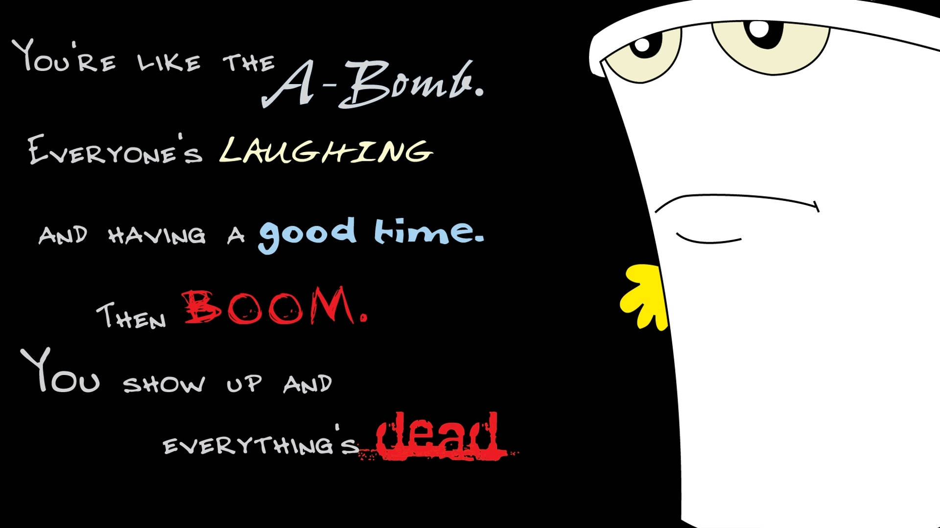 Aqua Teen Hunger Force 與 A-Bomb 壁紙 — 一個表情嚴肅的卡通角色，旁邊有粗體文字，描述像原子彈一樣造成破壞。
